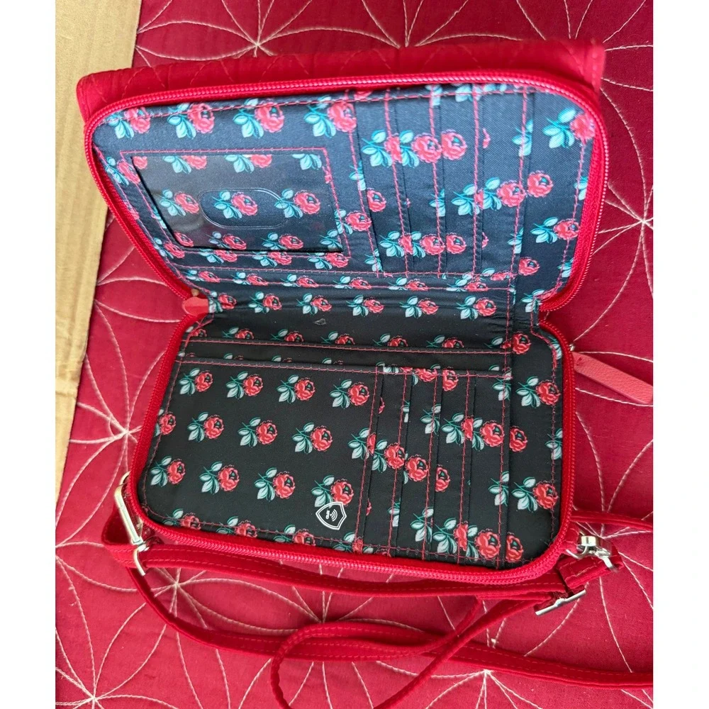 Vera Bradley Red Quilted Microfiber RFID All In One Crossbody Wallet Bag Rose